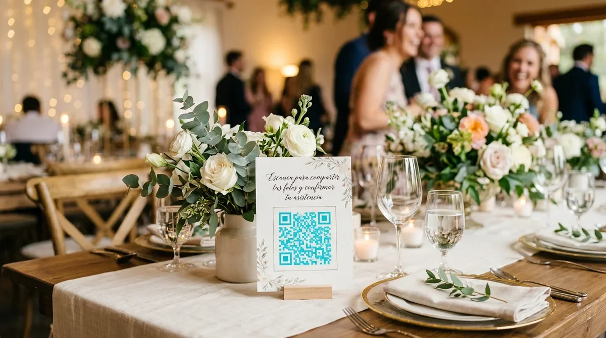 Tarjeta de invitación con un código QR en color turquesa sobre la mesa decorada de una boda, invitando a los asistentes a escanearlo