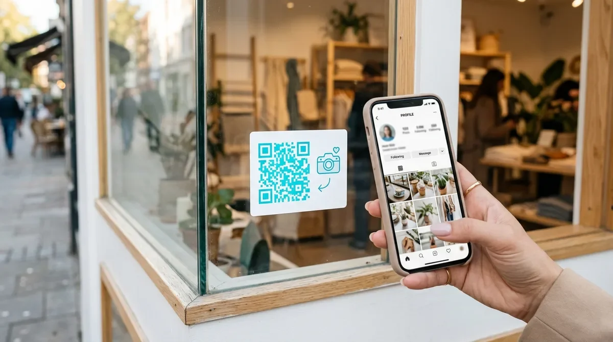 Código QR para Instagram en color turquesa en el escaparate de una tienda, escaneado con un móvil que abre un perfil de redes sociales