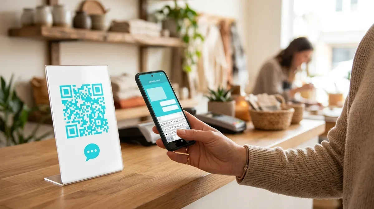 Código QR turquesa con un icono de chat en el mostrador de un comercio, escaneado con un móvil que abre una conversación de mensajería