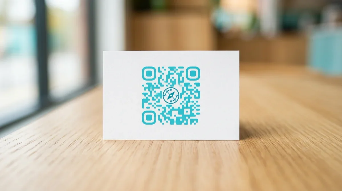 Tarjeta de visita con un código QR personalizado en color turquesa y un logo en el centro, sobre una mesa de madera