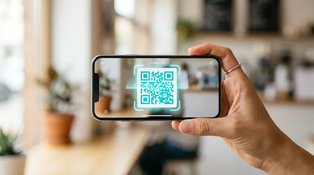 Móvil escaneando un código QR desde la pantalla, resaltado con un marco de escaneo turquesa, en una cafetería