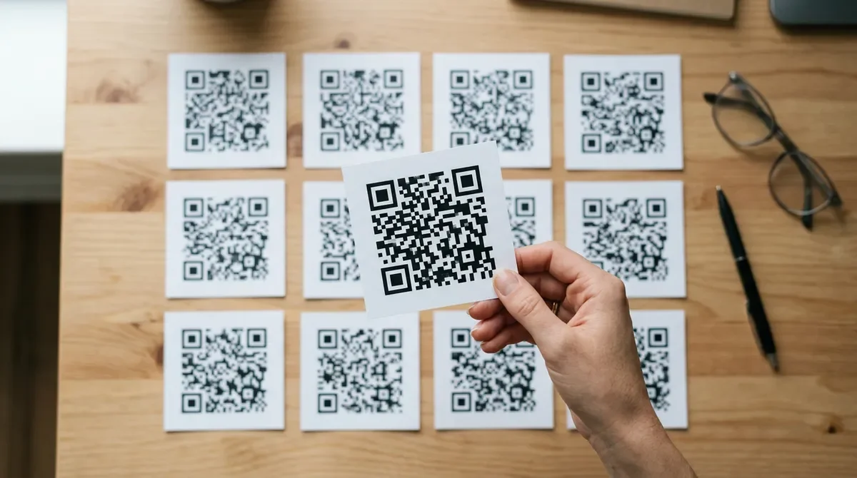 Mano sosteniendo una tarjeta con un código QR sobre una mesa con varias tarjetas de códigos QR impresos