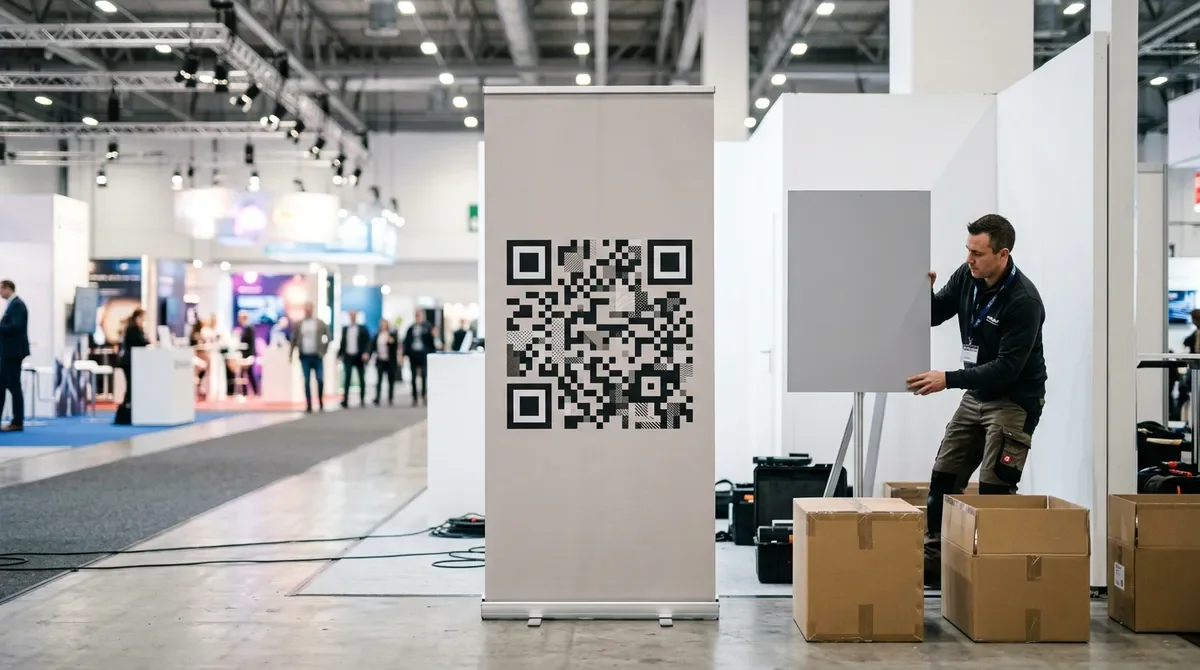 Código QR grande impreso en un roll-up de una feria mientras un operario monta el stand