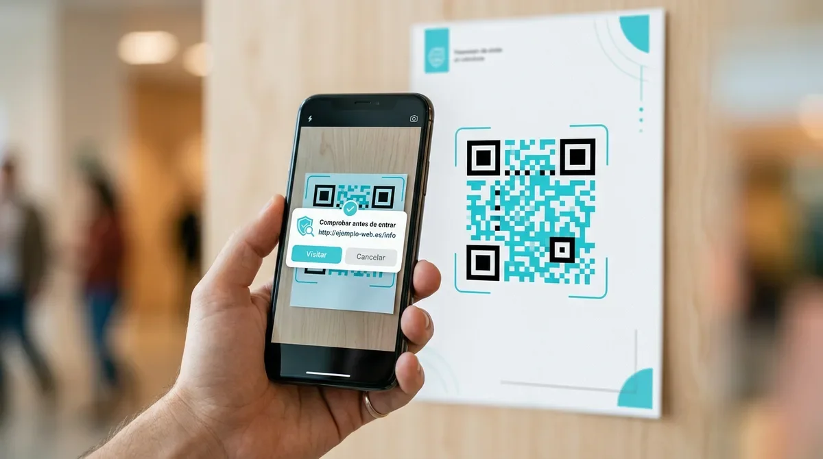Móvil apuntando a un código QR turquesa que muestra en pantalla la dirección web de destino antes de abrirla, con un icono de comprobación de seguridad