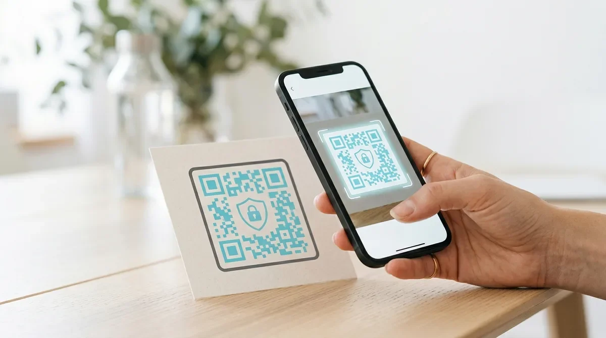 Móvil escaneando un código QR con un icono de escudo de seguridad turquesa, junto a una tarjeta con el mismo código sobre una mesa