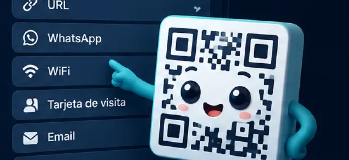 Personaje con forma de código QR señalando una lista de tipos: URL, WhatsApp, WiFi, tarjeta de visita y email