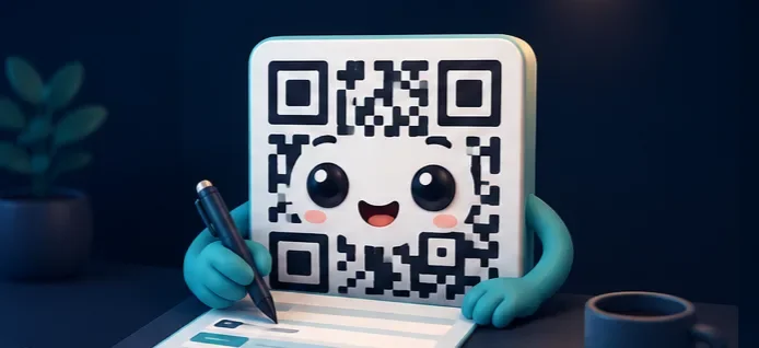 Personaje con forma de código QR rellenando un formulario con un bolígrafo