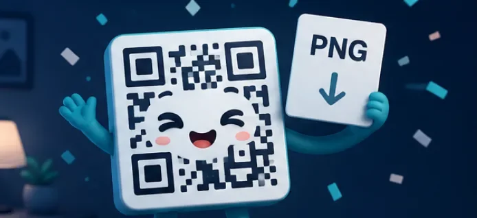 Personaje con forma de código QR celebrando mientras sostiene una tarjeta de descarga en PNG
