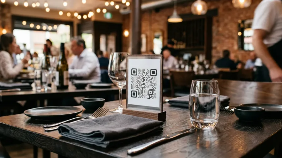 Código QR en un soporte sobre la mesa puesta de un restaurante para consultar la carta digital