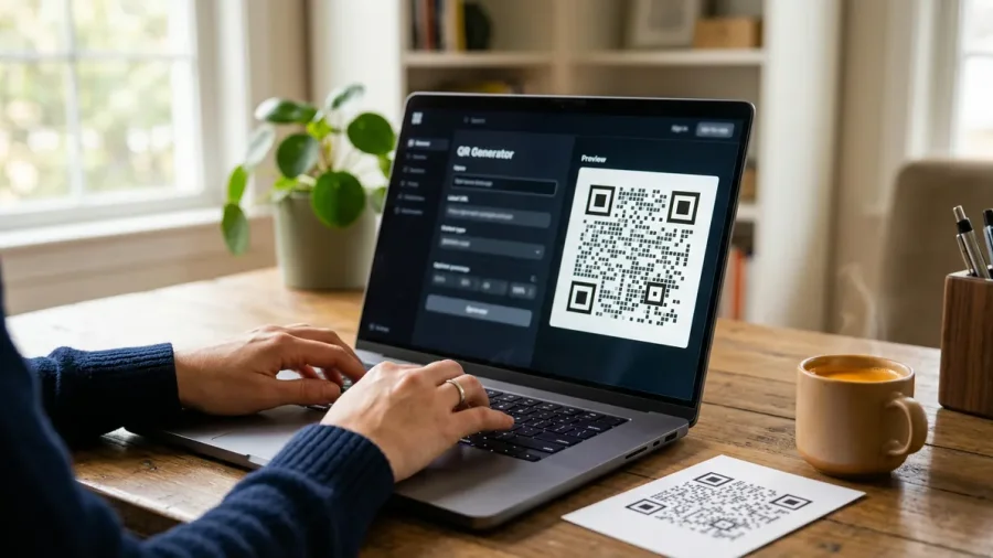 Persona creando un código QR en un generador web abierto en el portátil, con la vista previa del QR en pantalla