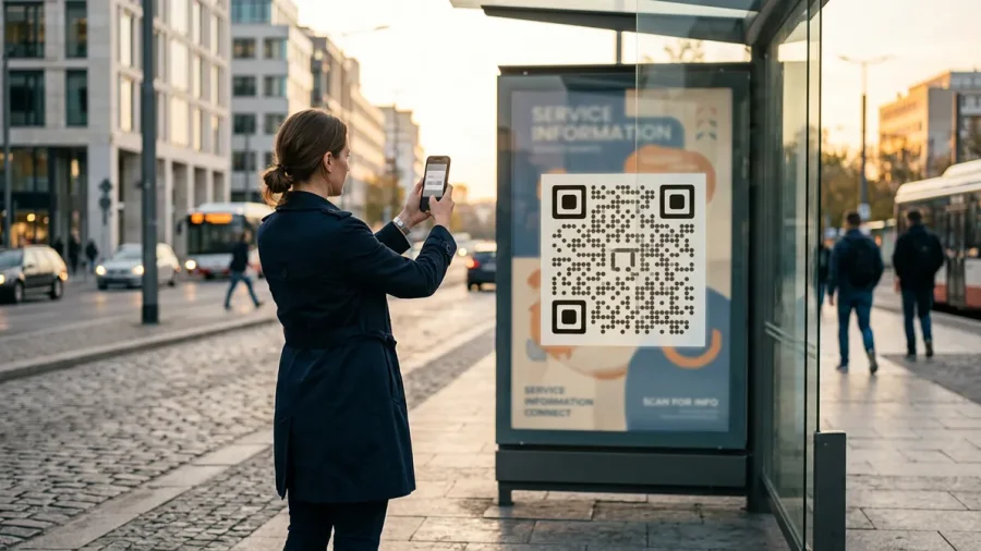 Mujer escaneando con su móvil un código QR de un cartel en una marquesina de autobús en la calle